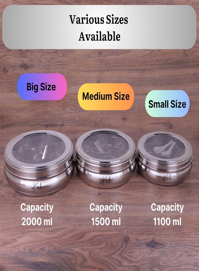 inKitch Stainless Steel Belly Shape Kitchen Spice Box | Masala Container | Masala Dani with Individual See Through lid with 7 Containers and Small Spoon/Large - Image 2